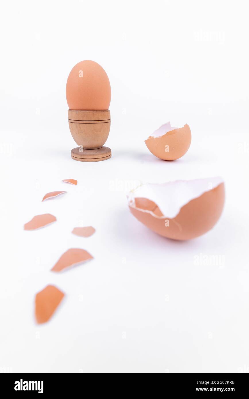Uovo di gallina a getto verticale in vecchio supporto di uovo di legno e più gusci di uovo rotti su una superficie bianca. Minimalismo. Arte concettuale per prodotti alimentari o animali Foto Stock
