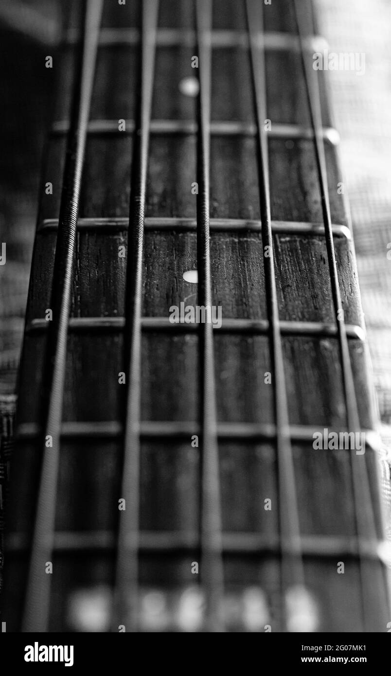 Primo piano in scala di grigi di una corda di chitarra Foto Stock