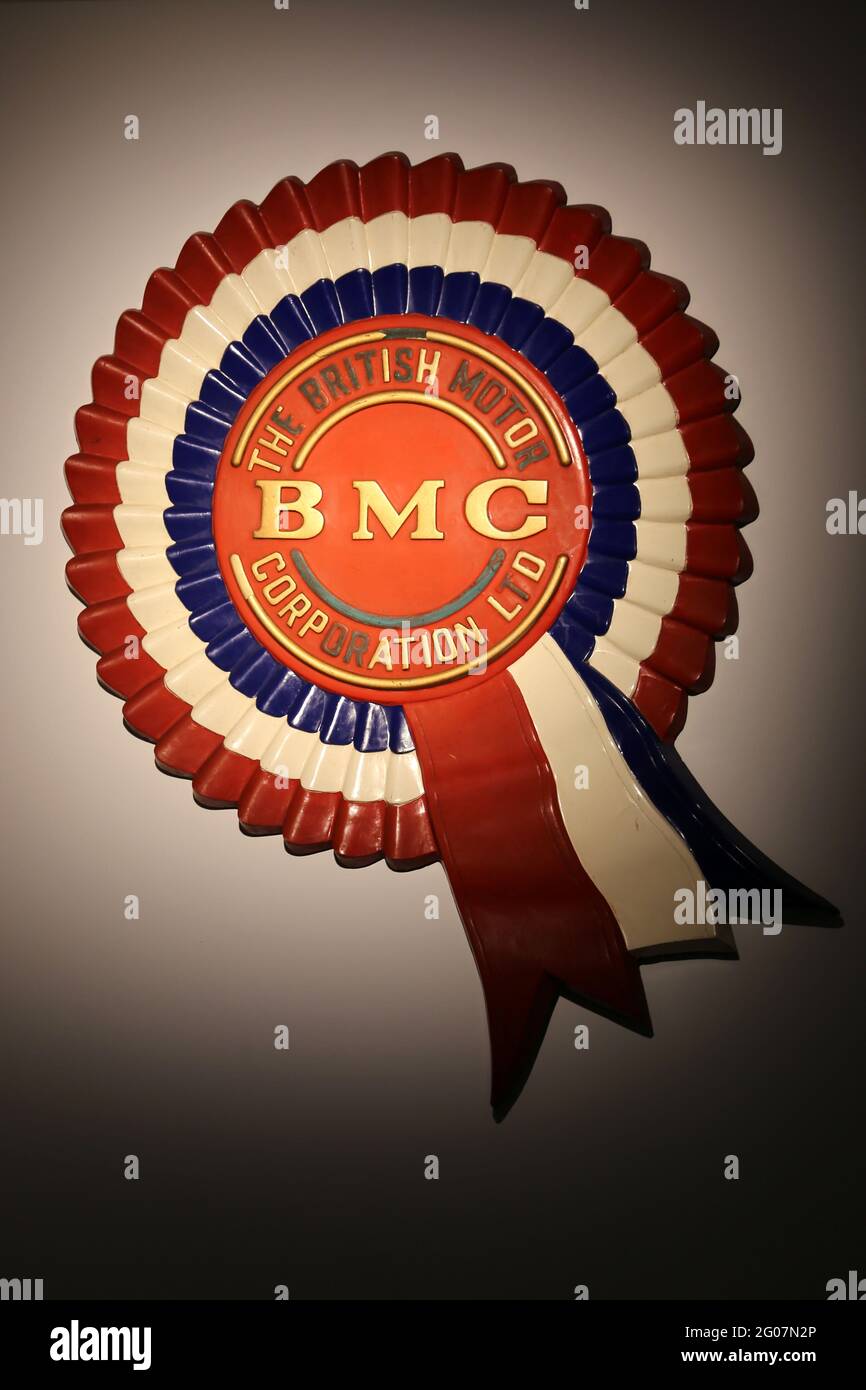 BMC (British Motor Corporation) cartello, Coventry Transport Museum, Millennium Place, Coventry, West Midlands, Inghilterra, Gran Bretagna, Regno Unito, Europa Foto Stock