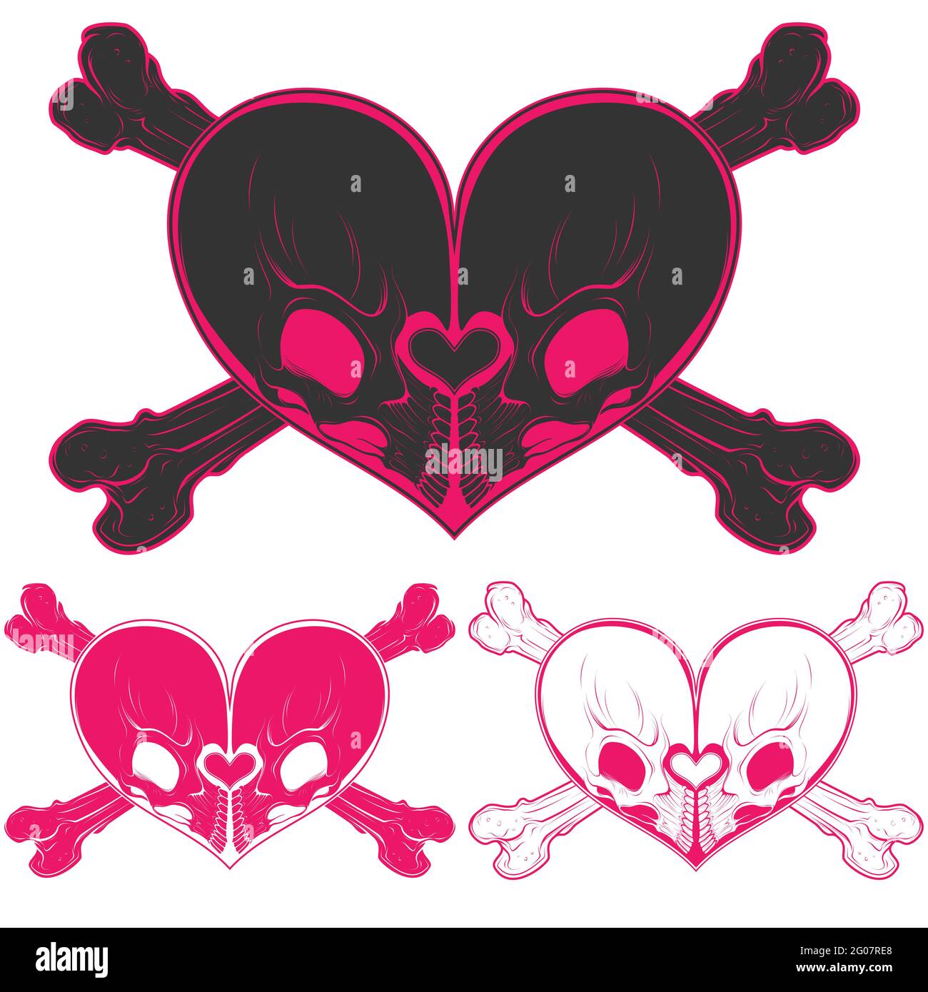 Disegno vettoriale di due cranio a forma di cuore, decorazione giorno valentines Illustrazione Vettoriale