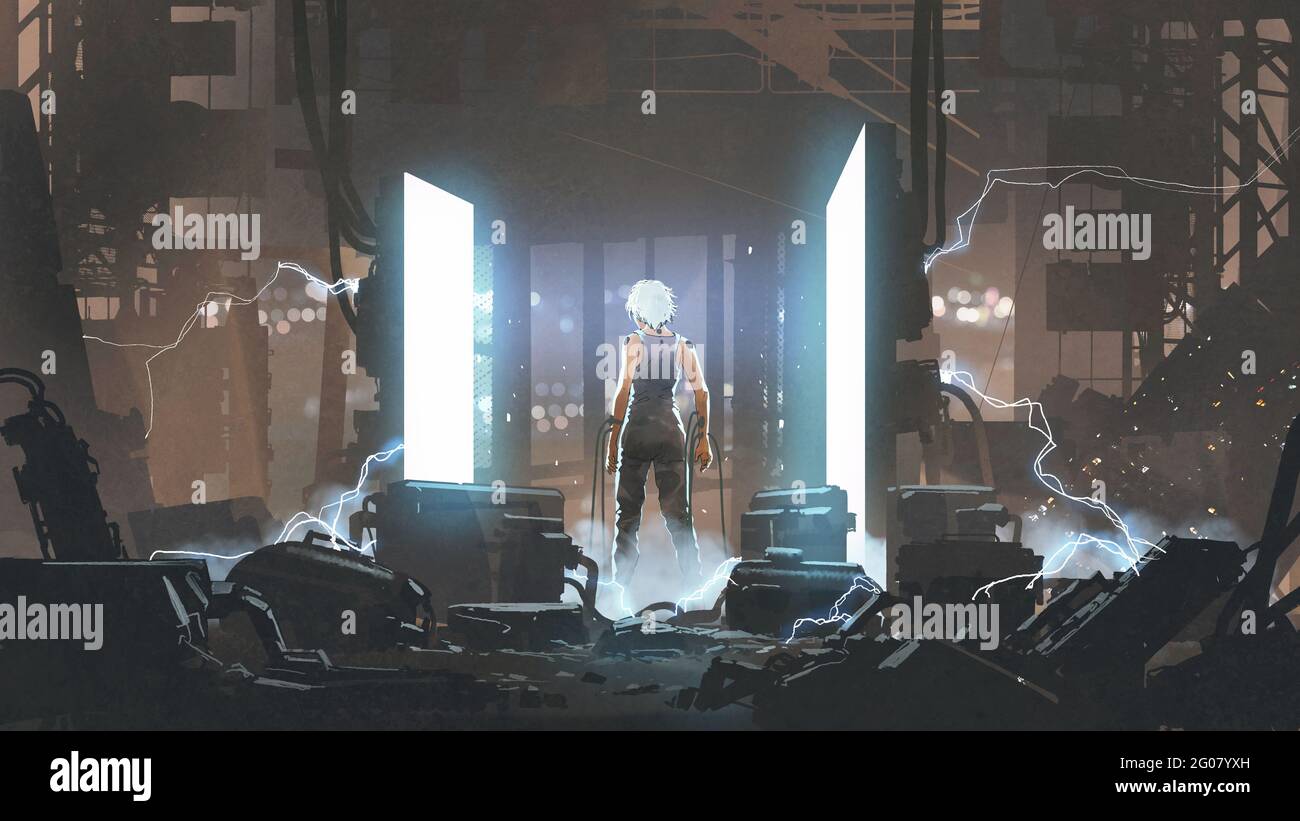 umanoide in piedi in un laboratorio abbandonato. arte digitale stile, illustrazione pittura Foto Stock