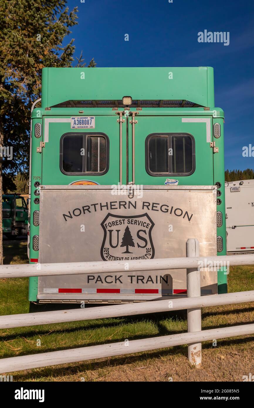 Trailer di Horse per il Northern Region Pack Train presso la stazione di Ninemile Ranger, Lolo National Forest, Montana, USA Foto Stock