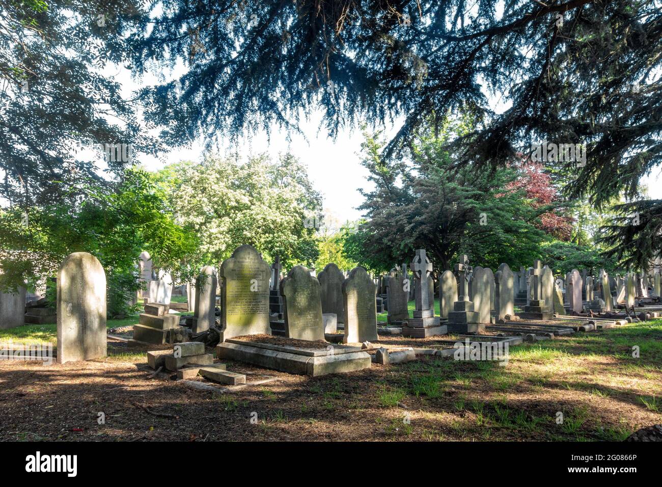 Lapidi nel cimitero di Hanwell a Londra, Regno Unito, sono un ricordo duraturo di coloro che hanno vissuto e sono morti prima di noi. Foto Stock