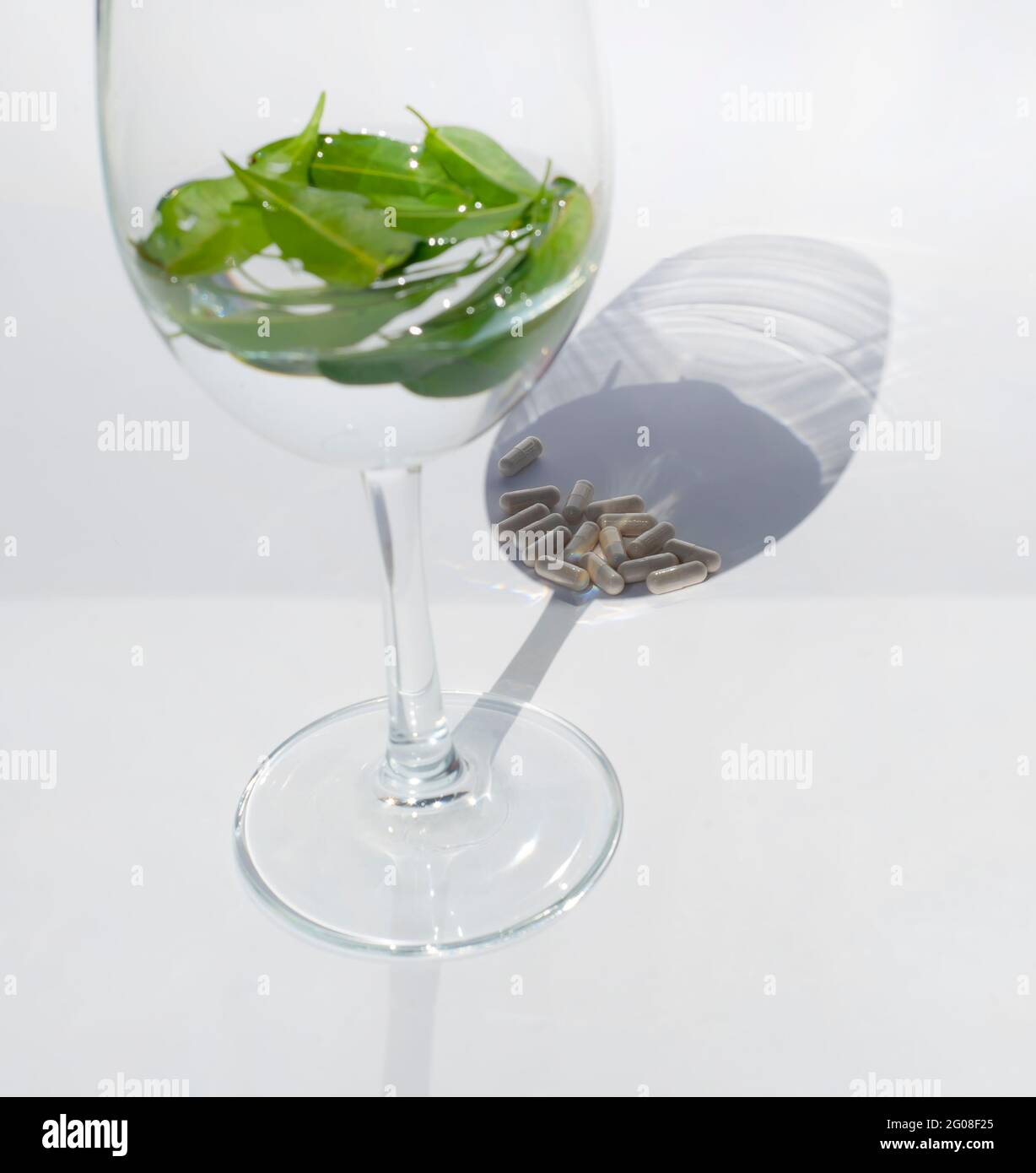 Bicchiere di vino con acqua e foglie verdi. L'ombra dal vetro è riempita con capsule di pillole. Concetto di medicina alternativa. Temi benessere. Foto Stock