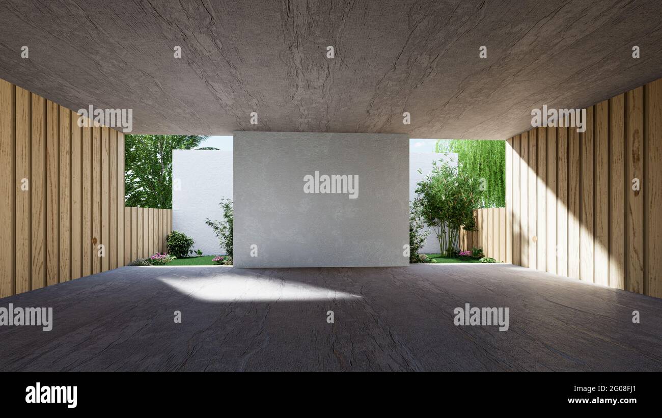 Spazio interno per eventi, grande moderno materiale in cemento vuoto hall.3D rendering Foto Stock