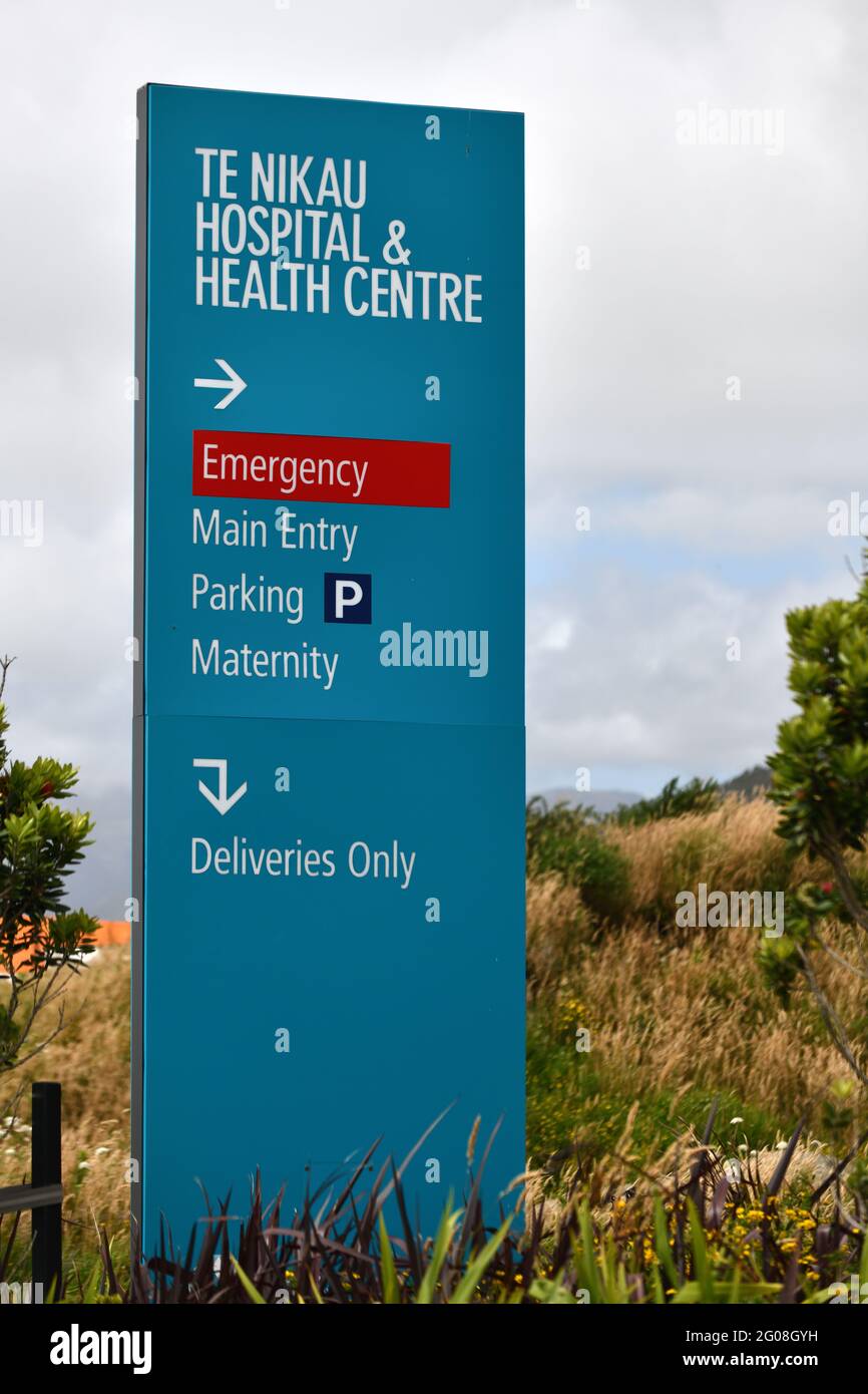 GREYMOUTH, NUOVA ZELANDA, 7 gennaio 2021: Segnaletica per il nuovo ospedale e centro sanitario te Nikau di Greymouth, Nuova Zelanda, 7 gennaio 2021 Foto Stock
