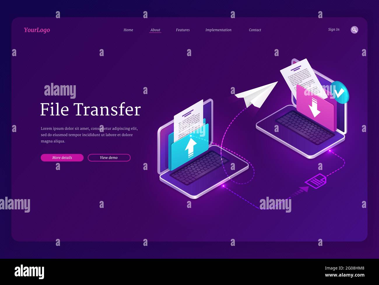 Banner di trasferimento file. Scambio di dati e documenti tra computer, archivi digitali e database. Pagina di destinazione vettoriale con computer portatili isometrici con cartelle e file Illustrazione Vettoriale
