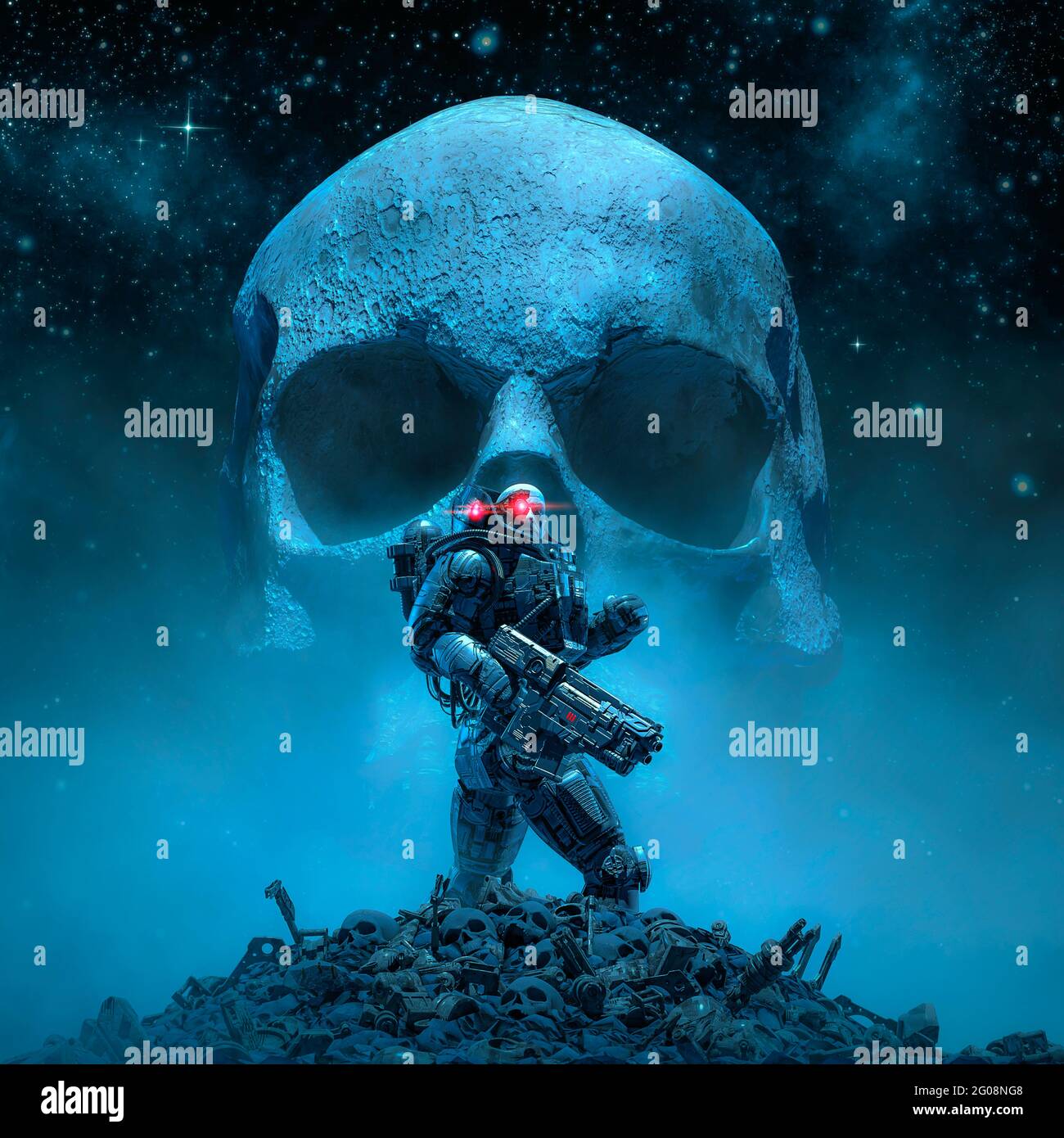 Cyberpunk soldato luna cranio / 3D illustrazione di fantascienza guerriero robot militare in piedi tra macerie nello spazio con gigantesco spaventoso sk umano Foto Stock