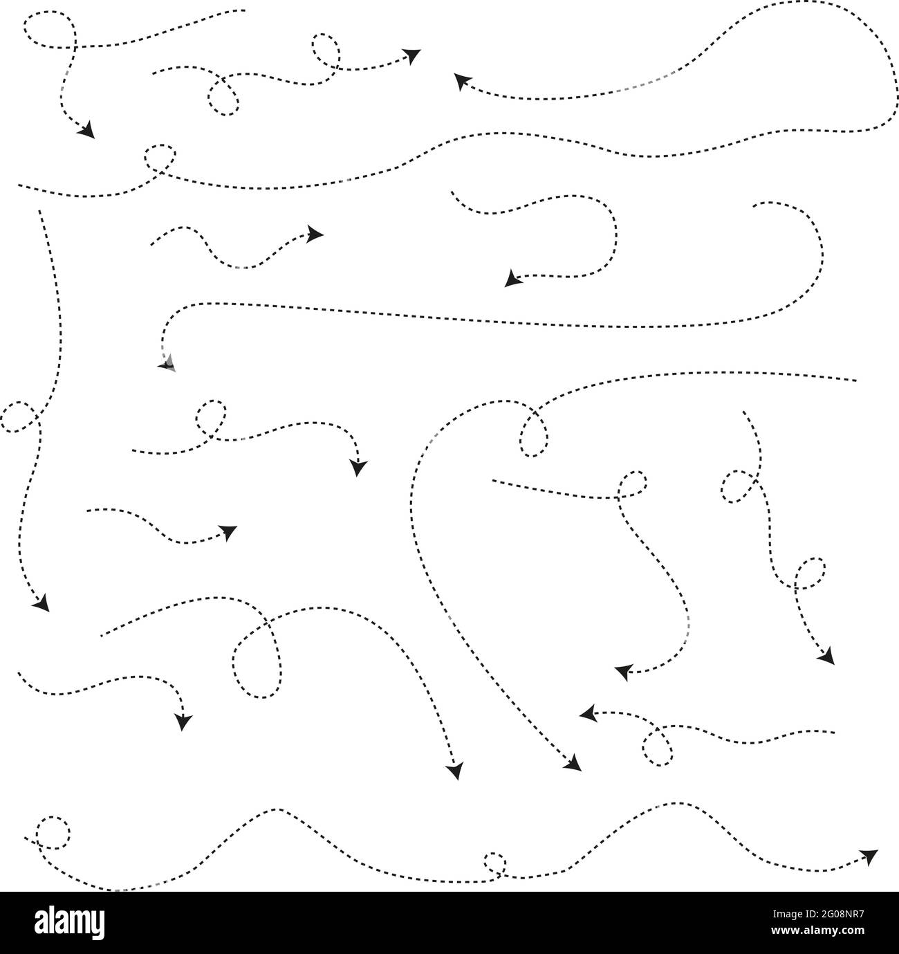 Impostare i segni delle frecce e delle direzioni in stile piatto. Vector mano nera disegnata su sfondo bianco, isolata. Illustrazione Vettoriale