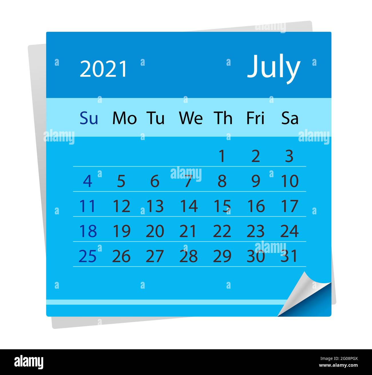 Calendario del mese di luglio 2021. Illustrazione vettoriale. Illustrazione Vettoriale