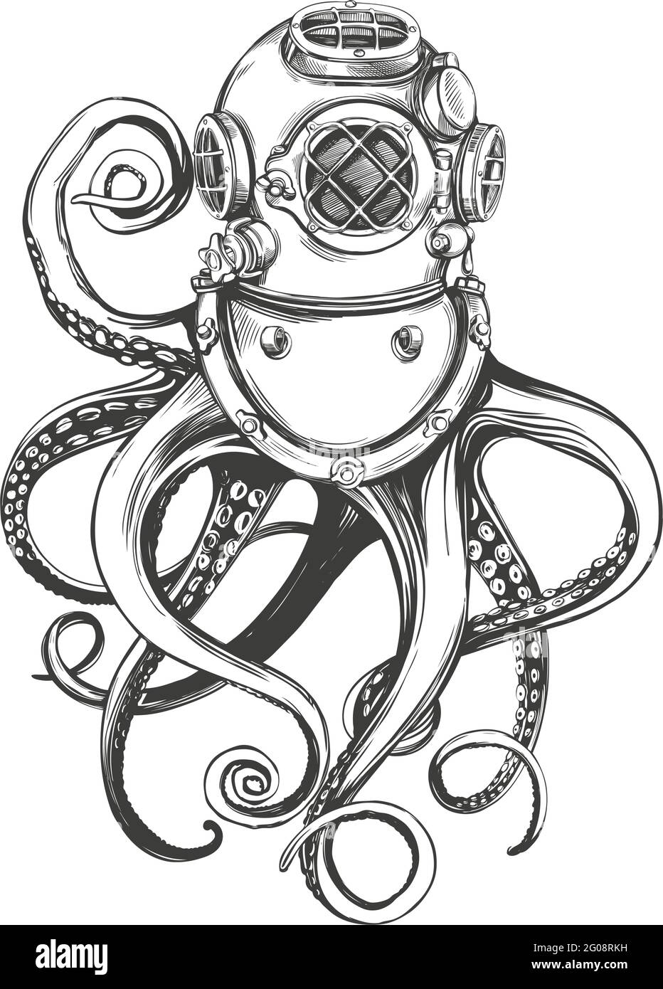 polpo in un casco subacqueo, vecchio casco subacqueo disegnato a mano disegno vettoriale illustrazione Illustrazione Vettoriale