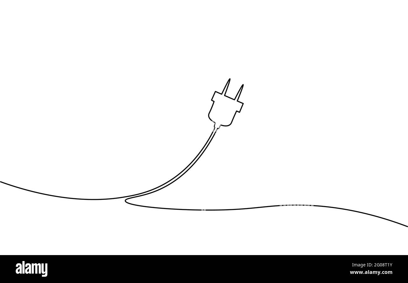 Alimentazione elettrica ricaricabile con presa continua line art per immagazzinamento di energia. Icona di ricarica della batteria dello smartphone simbolo concetto di tecnologia industriale. Mano Illustrazione Vettoriale