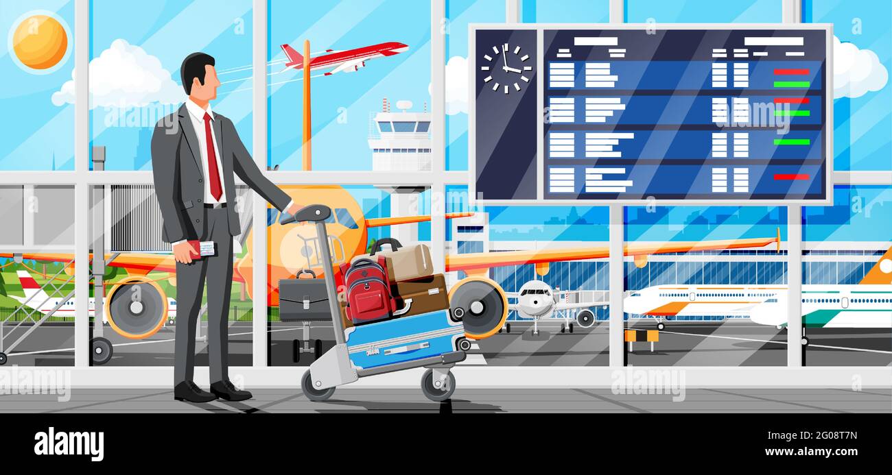 Camion uomo e mano pieno di borse in aeroporto Immagine e Vettoriale - Alamy