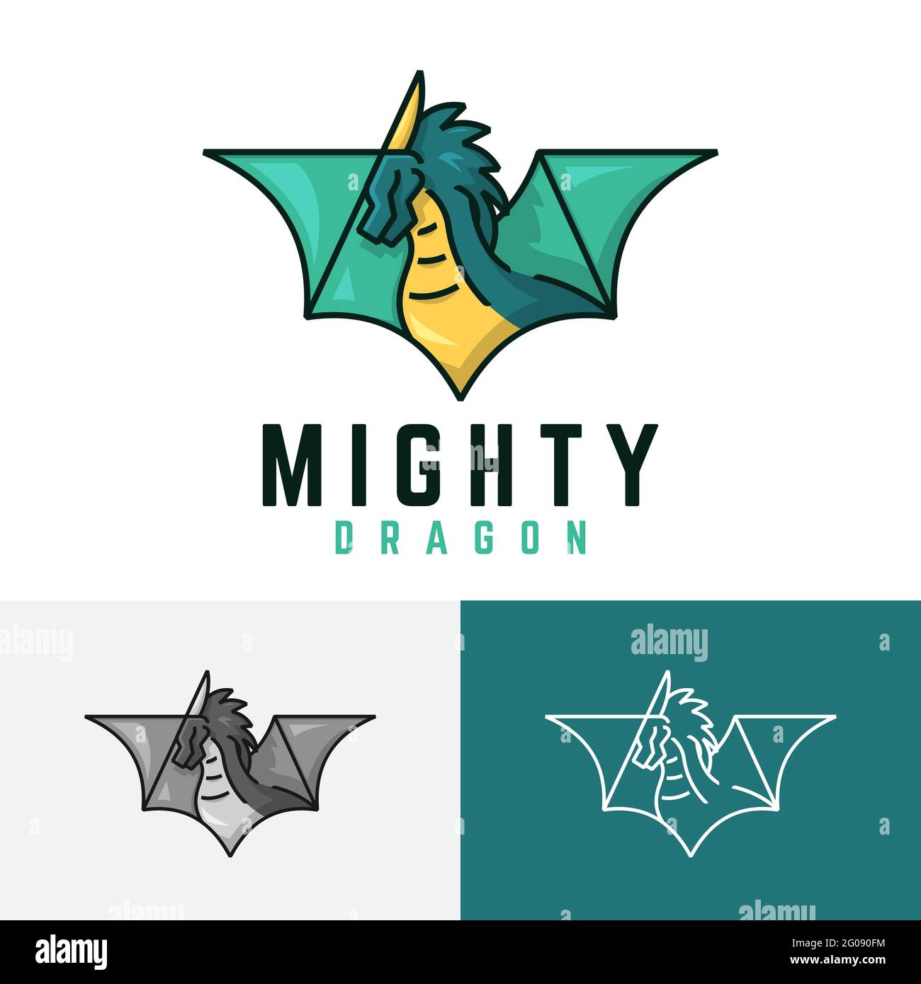 Possente logo leggendario del Drago Verde Ornato Flying Wings Illustrazione Vettoriale