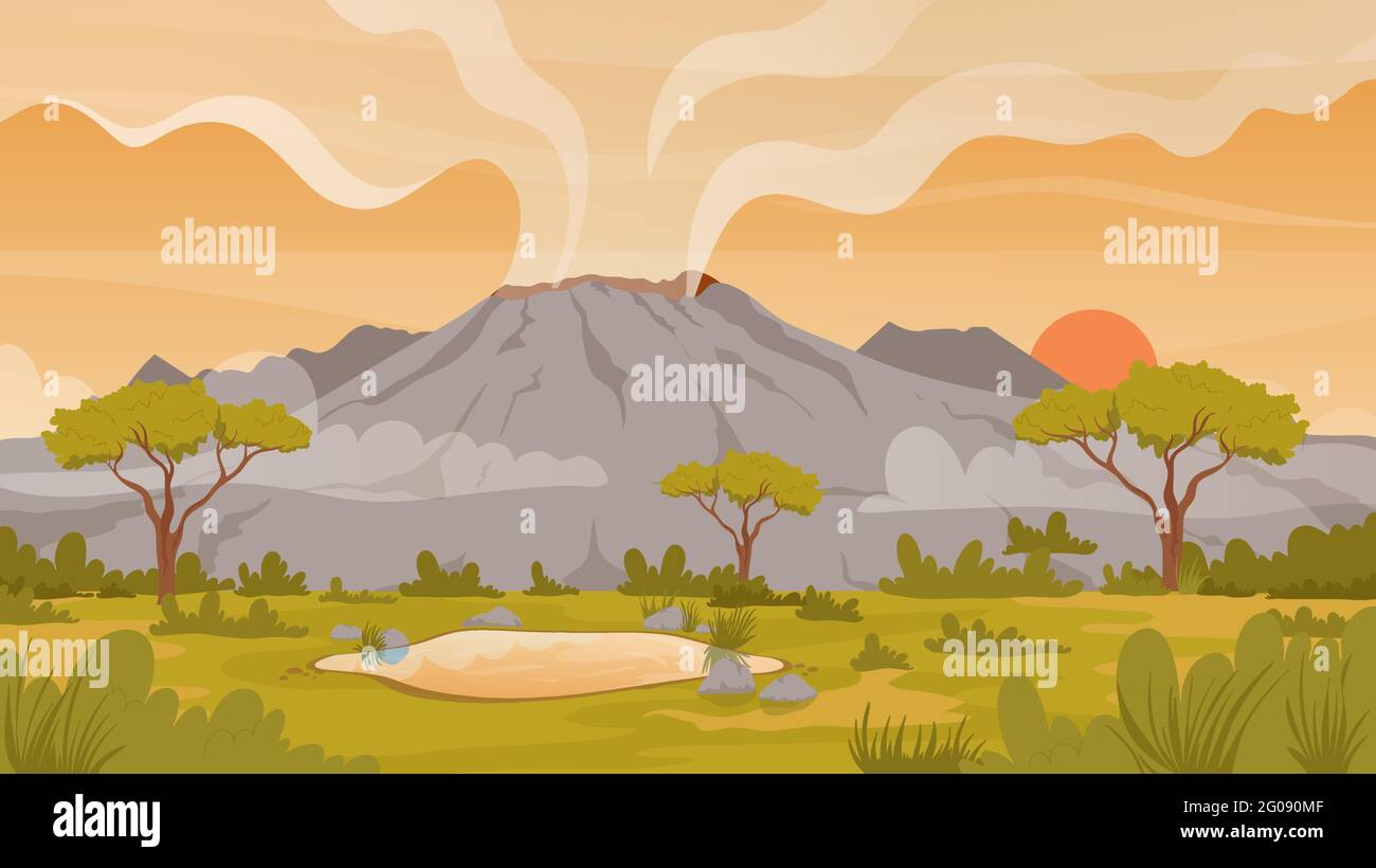 Vulcano tropicale natura paesaggio illustrazione vettoriale. Paesaggi selvaggi di montagna Cartoon al tramonto, vulcano attivo con fumo, alberi esotici di erba, scenario naturale di avventura disastro sfondo Illustrazione Vettoriale