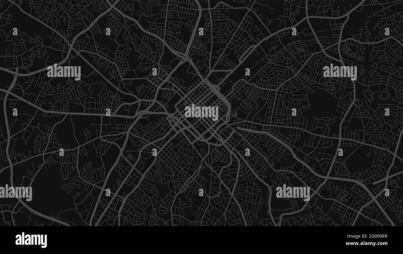 Mappa vettoriale dell'area della città di Charlotte in grigio scuro e nero, strade e cartografia dell'acqua. Formato widescreen, design piatto digitale Illustrazione Vettoriale