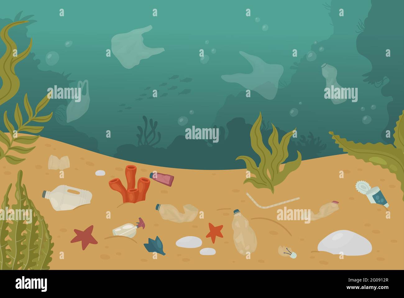 Inquinato sottomarino sottomarino oceano mare sporco paesaggio, inquinamento marino problema ecologia illustrazione vettoriale. Cartone animato bottiglia di plastica, stagno e sacchetto rifiuti rifiuti danno acqua sfondo ambiente Illustrazione Vettoriale