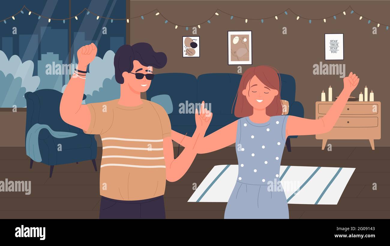 L'illustrazione vettoriale delle coppie della gente balla nel partito domestico. Cartoon giovane donna felice uomo personaggi danzare per la musica, gli amici studenti si divertono in festive camere decorate appartamento sfondo interno Illustrazione Vettoriale