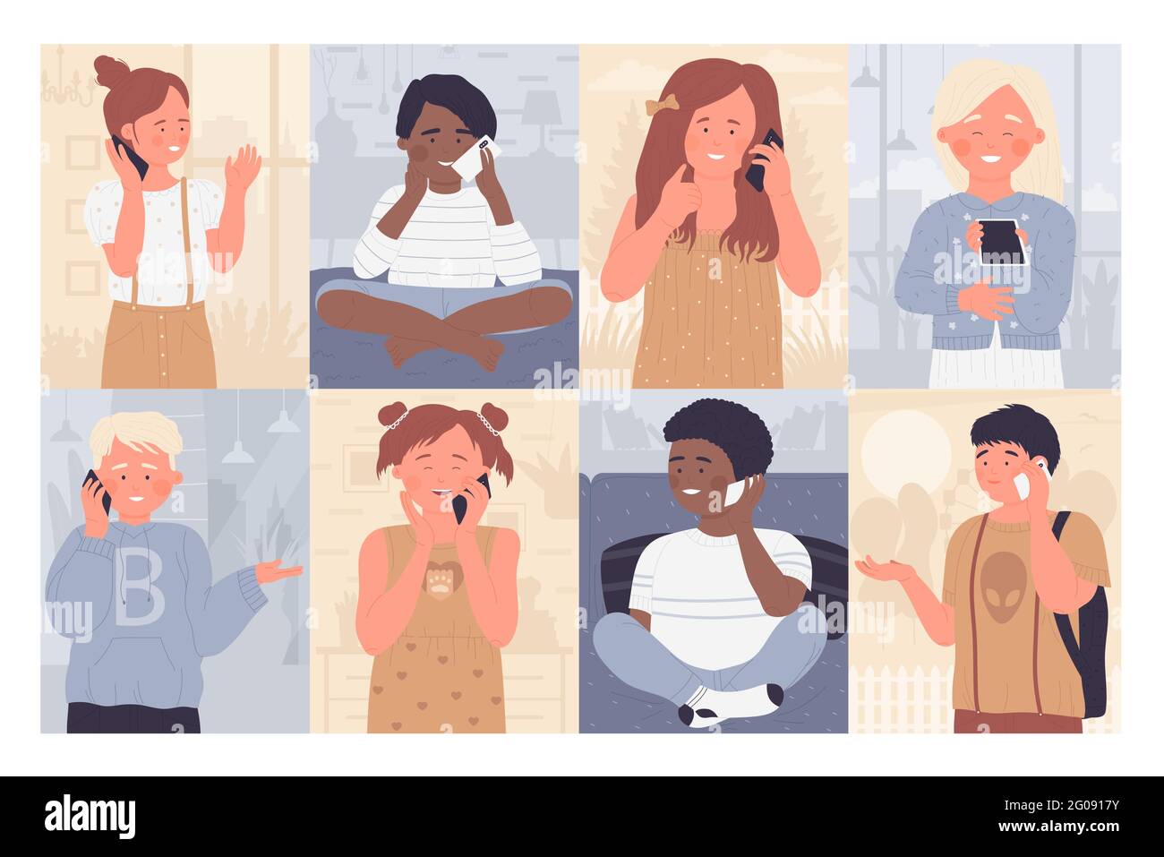 Telefono parlante per bambini, comunicazione mobile a distanza con serie di illustrazioni vettoriali positive. Cartoon ragazzo ragazza bambino personaggio tenendo smartphone, i bambini parlano con amici o sfondo di famiglia Illustrazione Vettoriale