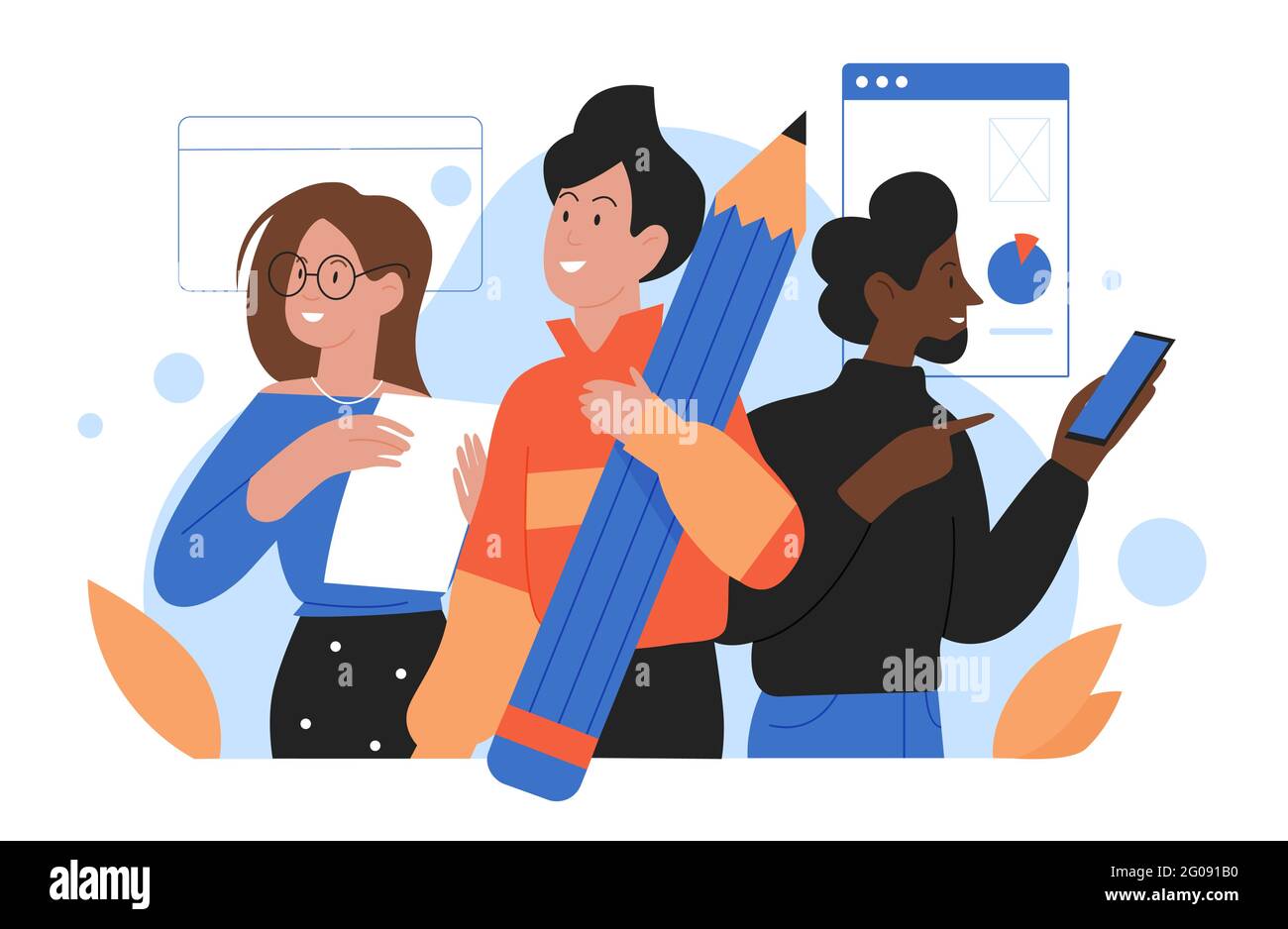 Illustrazione vettoriale del team business people. Gruppo di cartoni animati di personaggi lavoratori d'ufficio in piedi insieme, uomo donna che tiene grande matita, telefono cellulare e documenti cartacei per il lavoro isolato su bianco Illustrazione Vettoriale