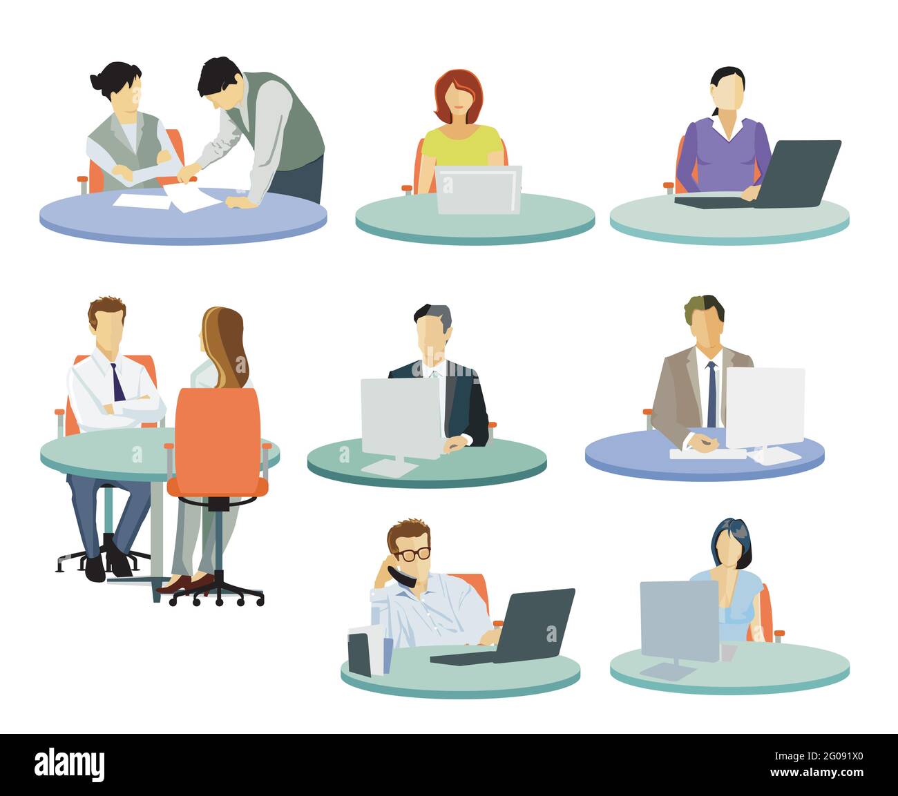 Luoghi di lavoro in ufficio, persone che lavorano alla scrivania, illustrazione Illustrazione Vettoriale