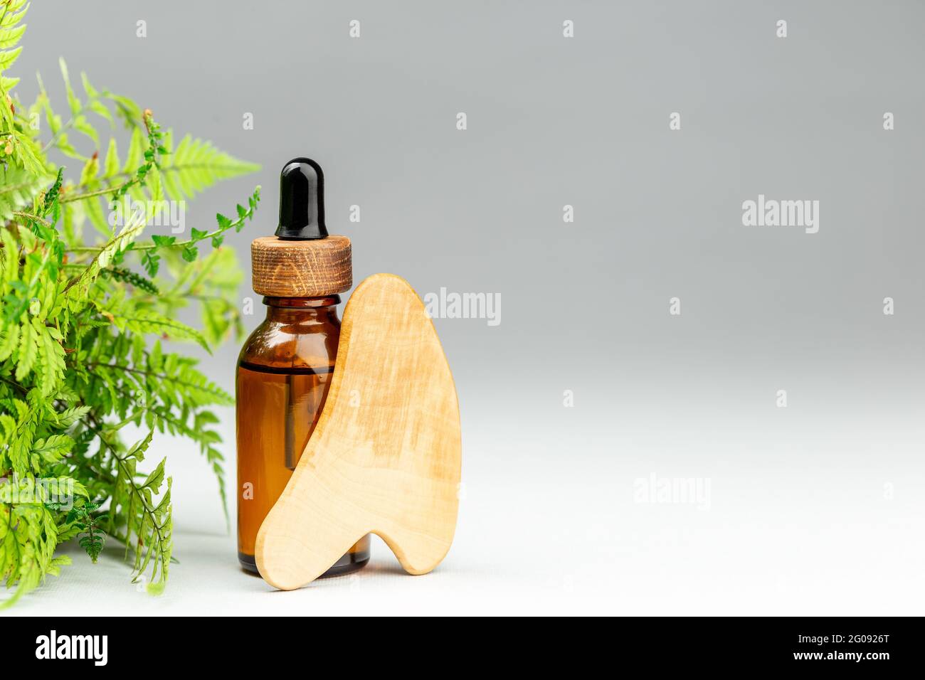 Bottiglia d'olio e massaggiatore raschietto in legno gua sha su sfondo grigio. Concetto di trattamento di bellezza. Copiare il testo per il testo Foto Stock