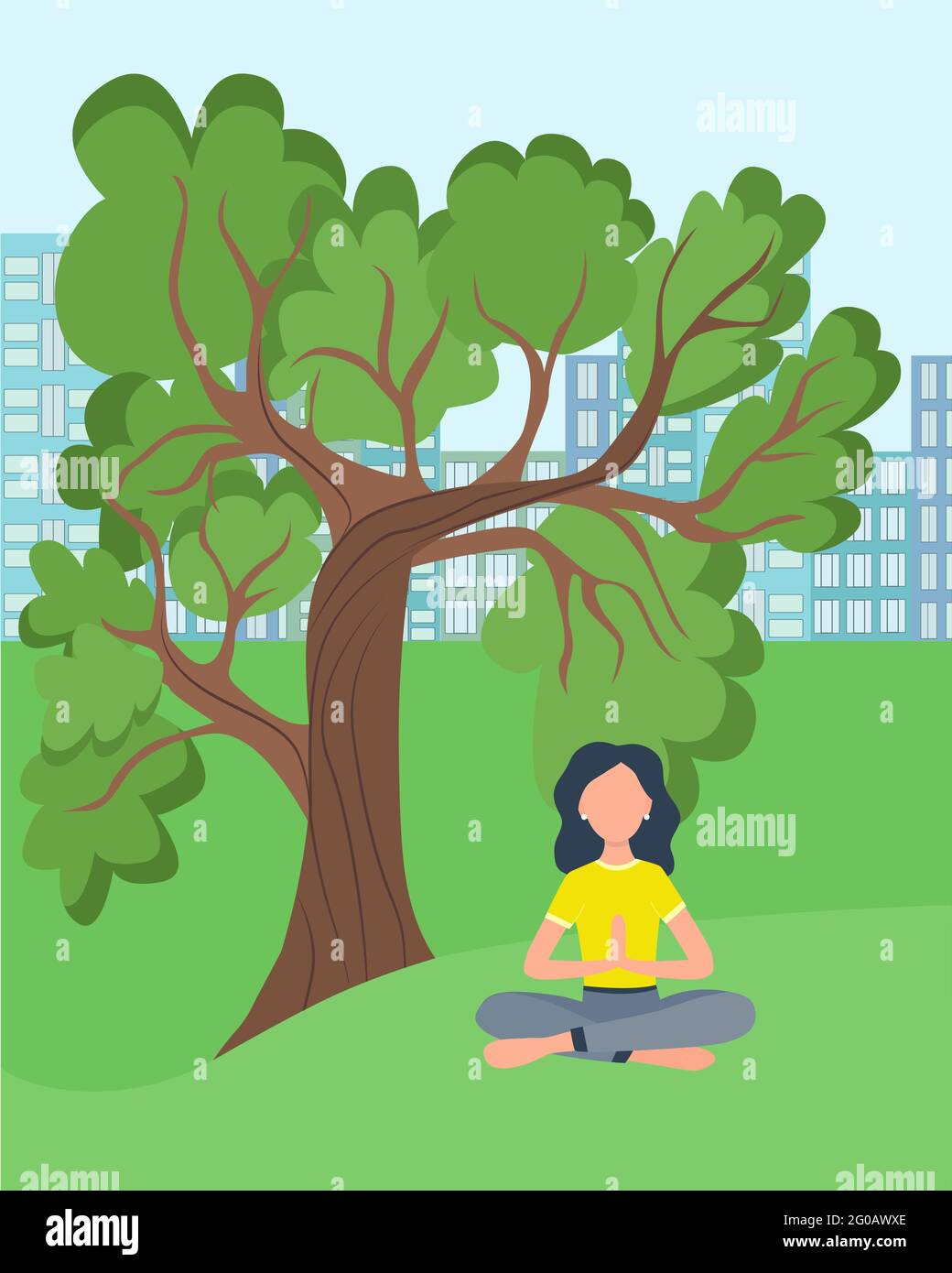 Donna che fa yoga in natura, vettore. La ragazza si siede nella posizione del loto sotto l'albero. La giovane donna medita e si rilassa nel parco all'aperto. Illustrazione Vettoriale