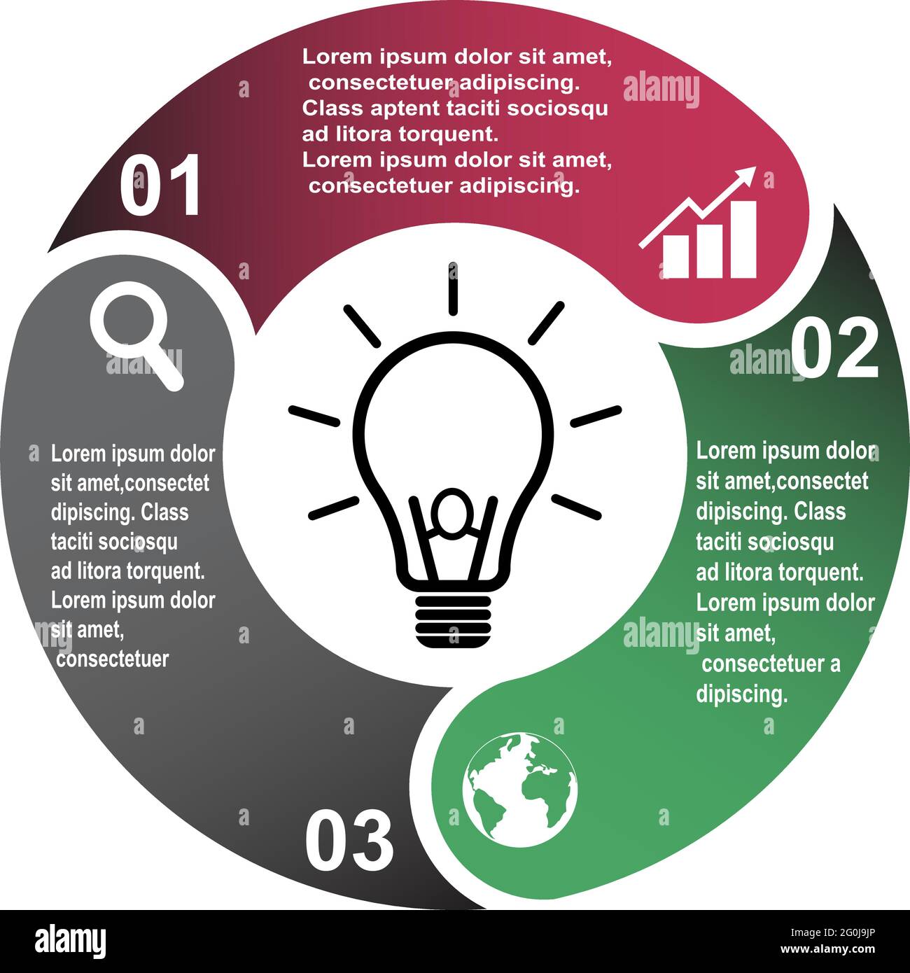 elemento vettoriale a 3 fasi in tre colori con etichette, diagramma infografico. Concetto di business di 3 passi o opzioni con lampadina . Illustrazione Vettoriale