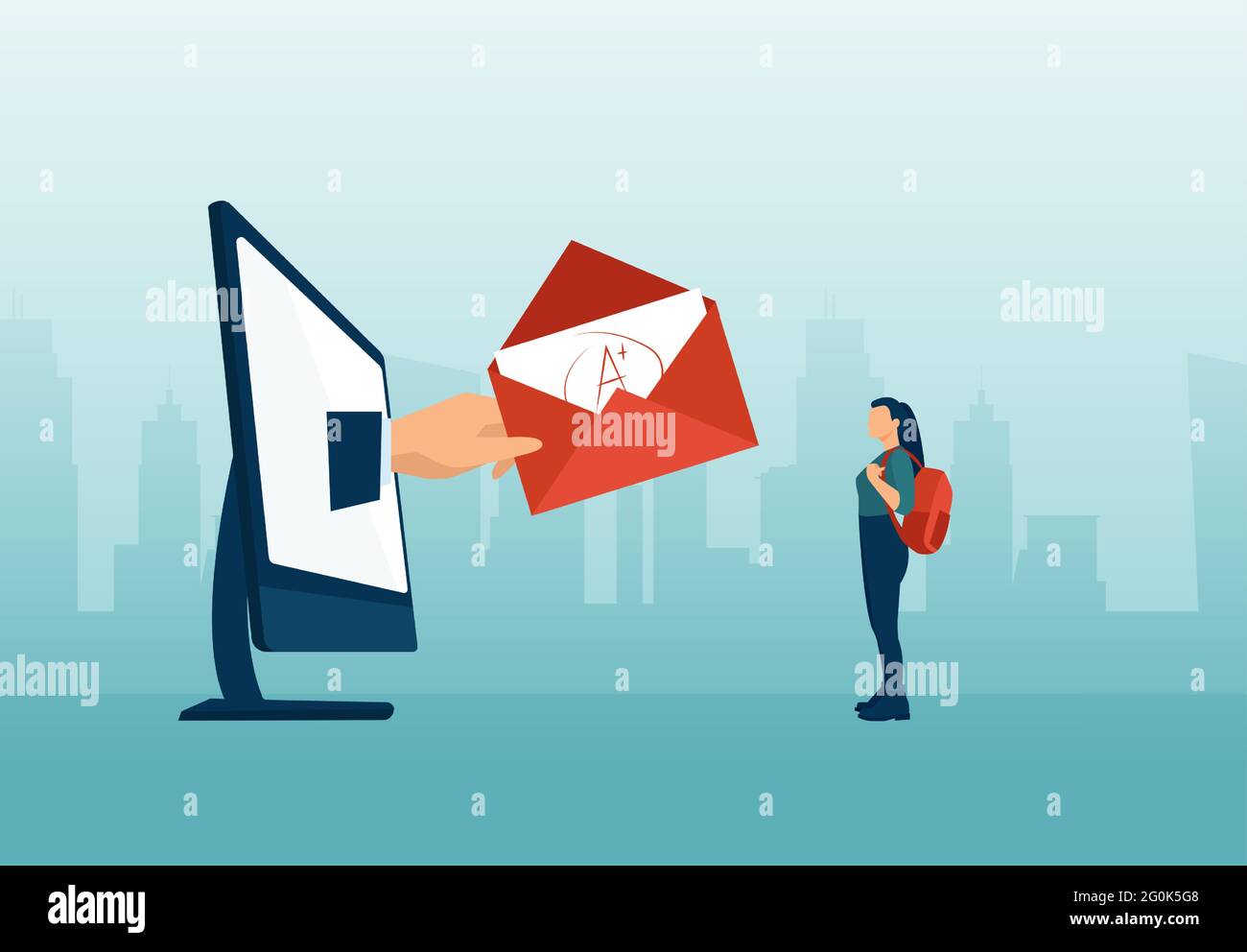 Vettore di uno studente universitario che riceve i risultati dei test online via e-mail Illustrazione Vettoriale