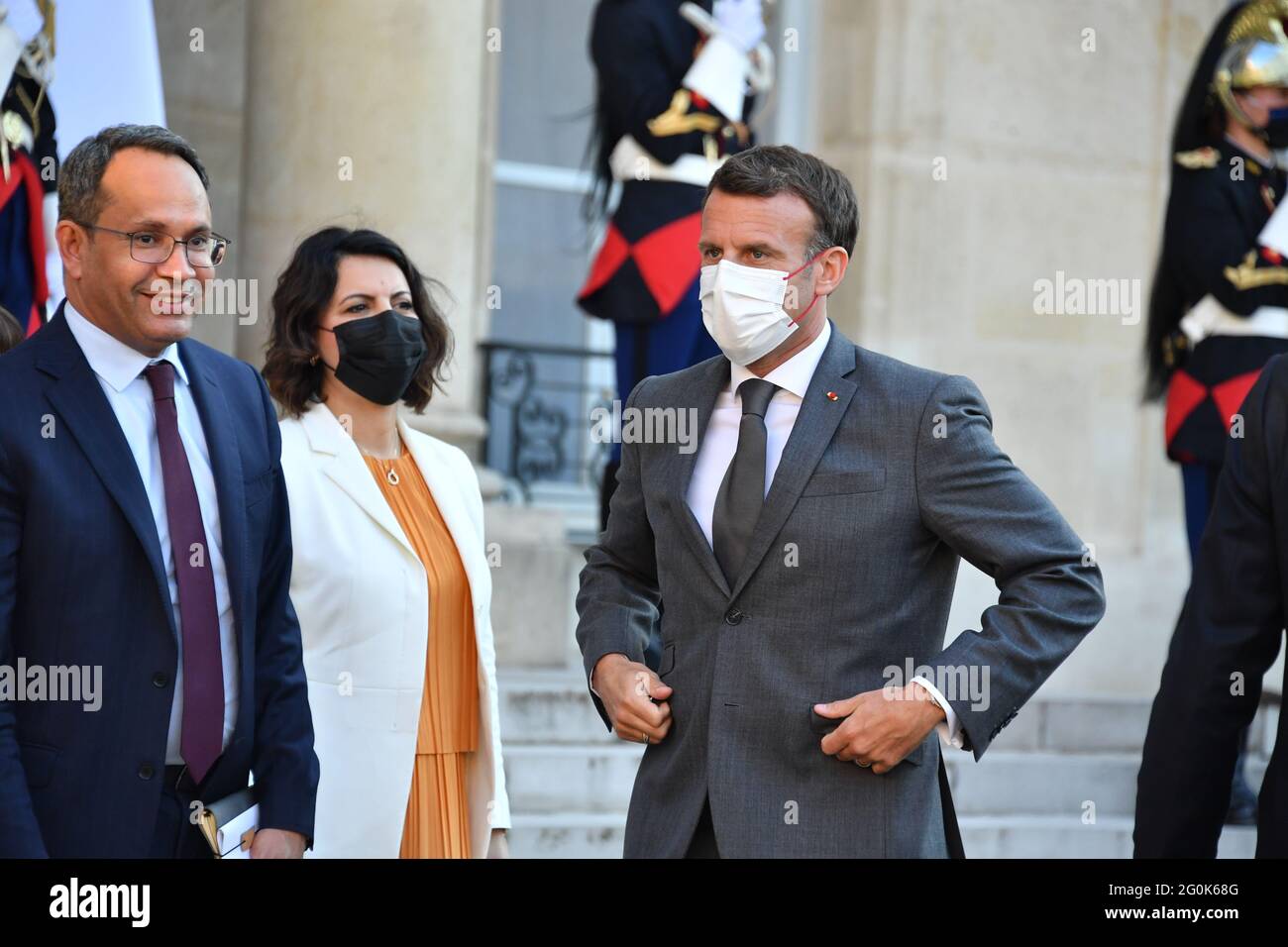 Parigi, Francia. 01 Giugno 2021. il presidente francese Emmanuel Macron, al Palais de l Elysee di Parigi, la Francia incontra il primo ministro libico Abdul Hamid Dbeibeh il 1° giugno 2021. (Foto di Lionel Urman/Sipa USA) Credit: Sipa USA/Alamy Live News Foto Stock