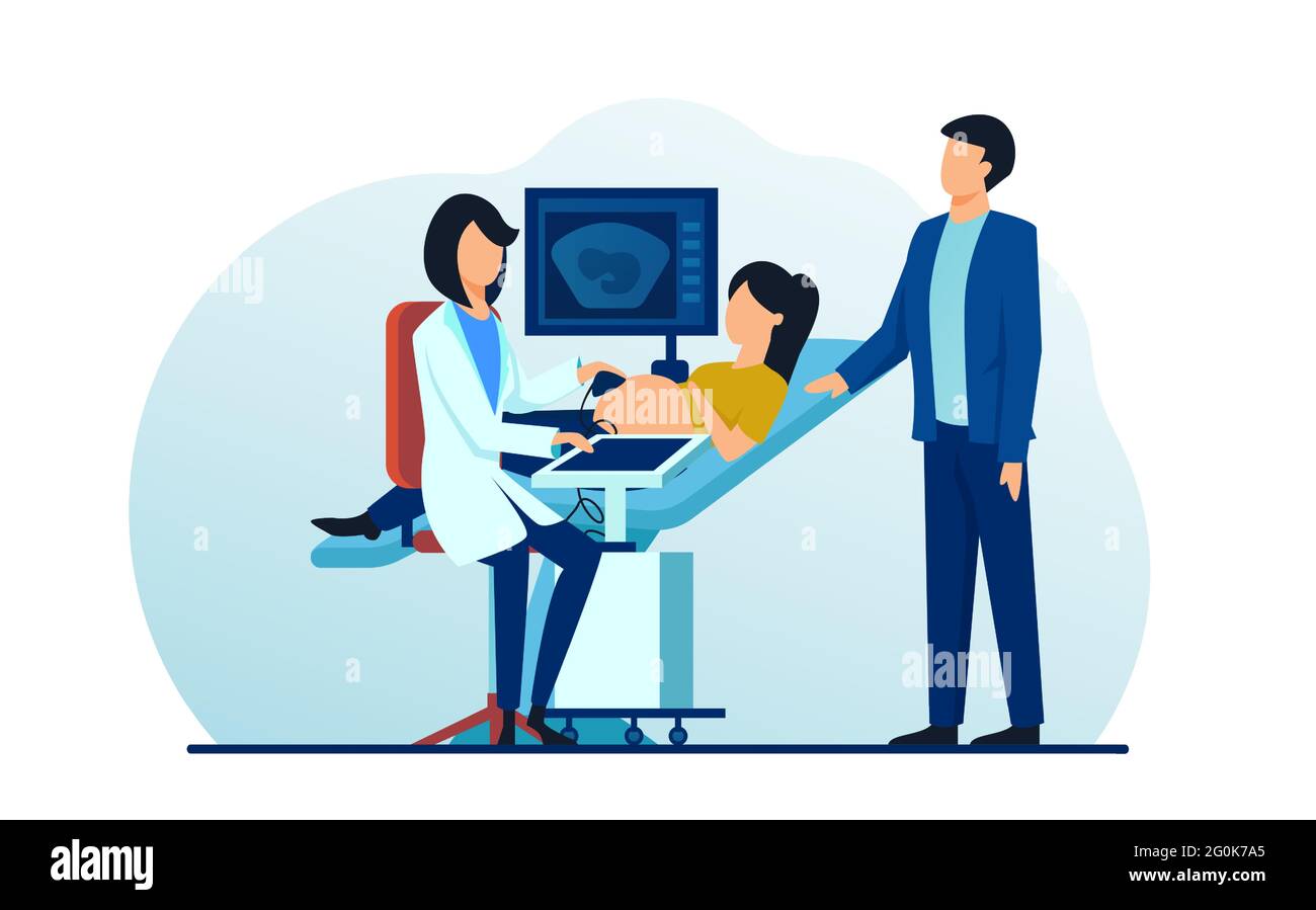 Vettore di una giovane donna incinta che riceve esame ecografico Illustrazione Vettoriale