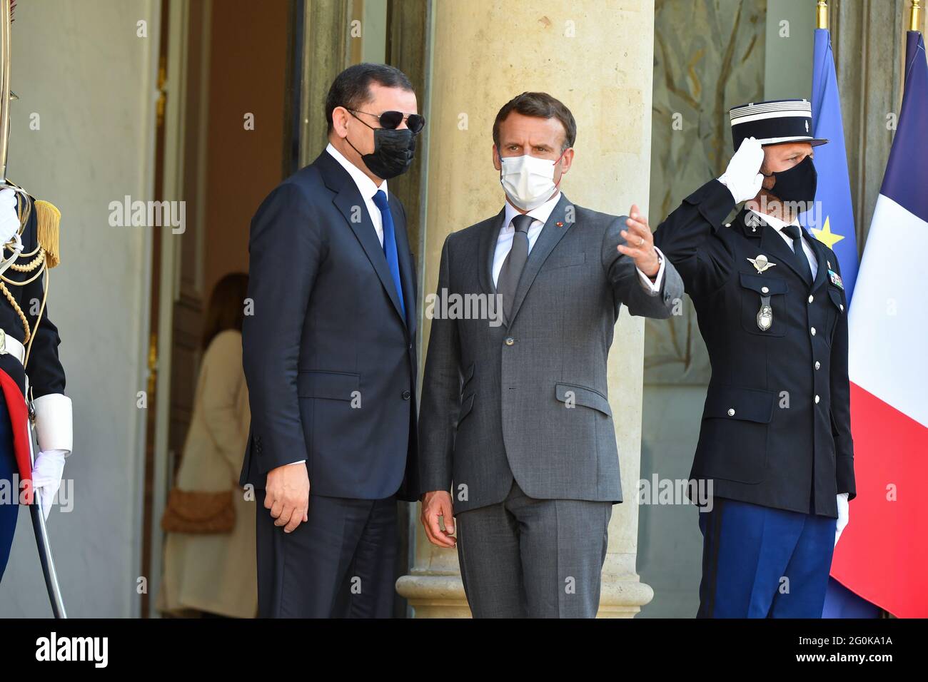 Parigi, Francia. 01 Giugno 2021. il presidente francese Emmanuel Macron, al Palais de l Elysee di Parigi, la Francia incontra il primo ministro libico Abdul Hamid Dbeibeh il 1° giugno 2021. (Foto di Lionel Urman/Sipa USA) Credit: Sipa USA/Alamy Live News Foto Stock