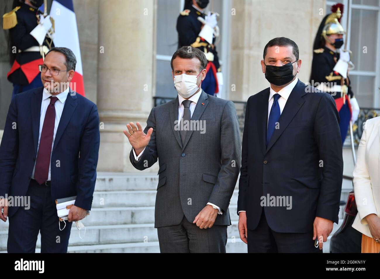 Parigi, Francia. 01 Giugno 2021. il presidente francese Emmanuel Macron, al Palais de l Elysee di Parigi, la Francia incontra il primo ministro libico Abdul Hamid Dbeibeh il 1° giugno 2021. (Foto di Lionel Urman/Sipa USA) Credit: Sipa USA/Alamy Live News Foto Stock