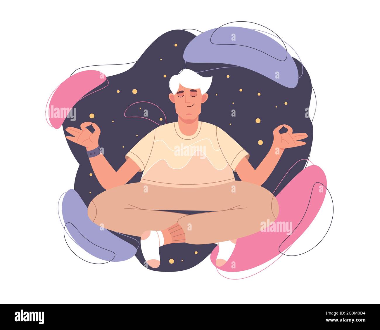 Uomo calmo piatto con occhi chiusi e gambe incrociate meditando in yoga lotus postura. Persona felice che fa esercizio di meditazione, pratica di consapevolezza, disciplina spirituale. Concetto di zen, armonia o salute. Illustrazione Vettoriale
