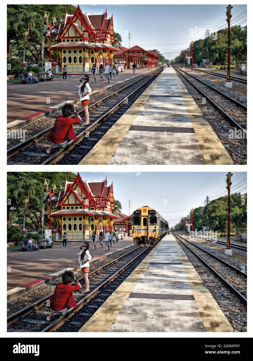 Prima e dopo Photoshop manipolazione digitale di coppia alla stazione ferroviaria tracce con e senza treno in arrivo. Hua Hin Thailandia Sud-est asiatico Foto Stock