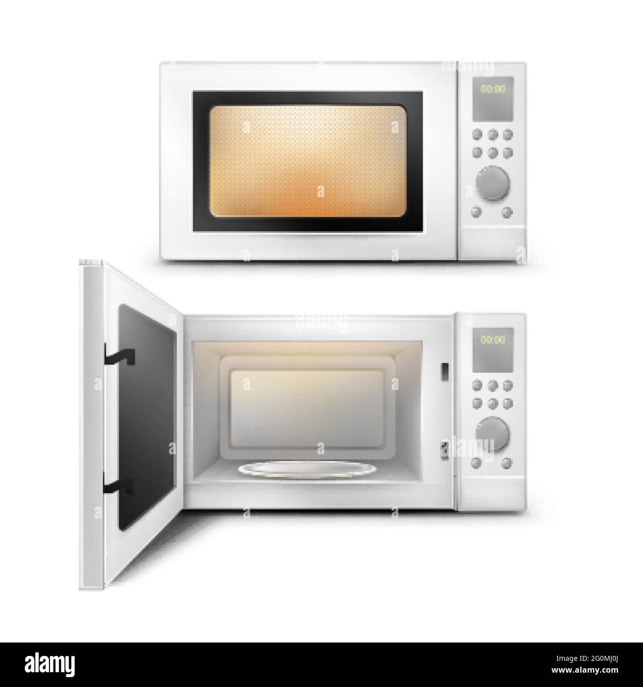 Forno a microonde Vector 3d realistico con luce, timer e lastra di vetro  vuota vista frontale interna isolata su sfondo bianco. Apparecchio  domestico con sportello aperto e chiuso per riscaldare e scongelare