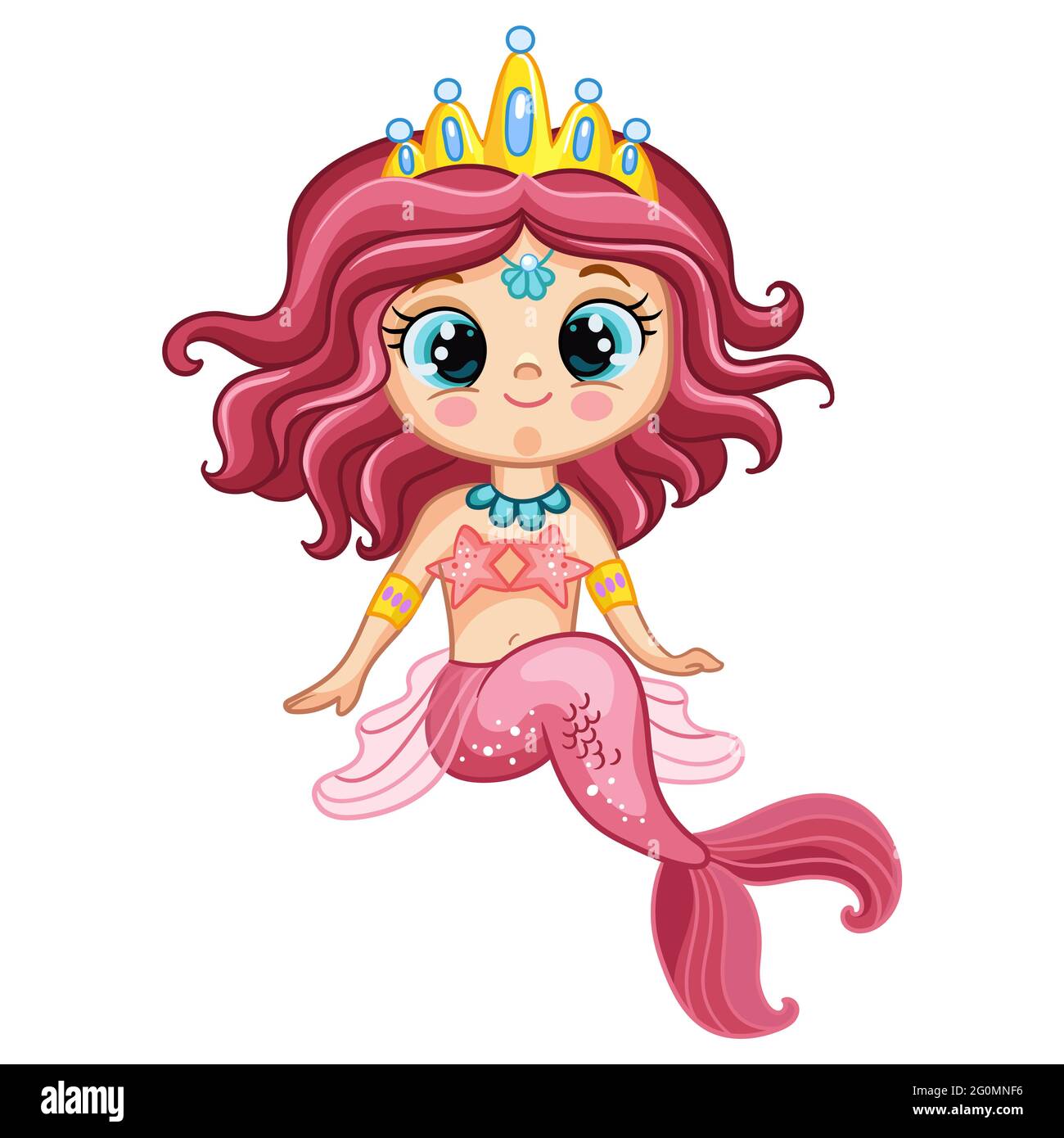 Carino piccola sirena seduta con coda rosa e corona. Personaggio cartoon. Immagine vettoriale isolata su sfondo bianco. Per la t-shirt, stampare una Illustrazione Vettoriale