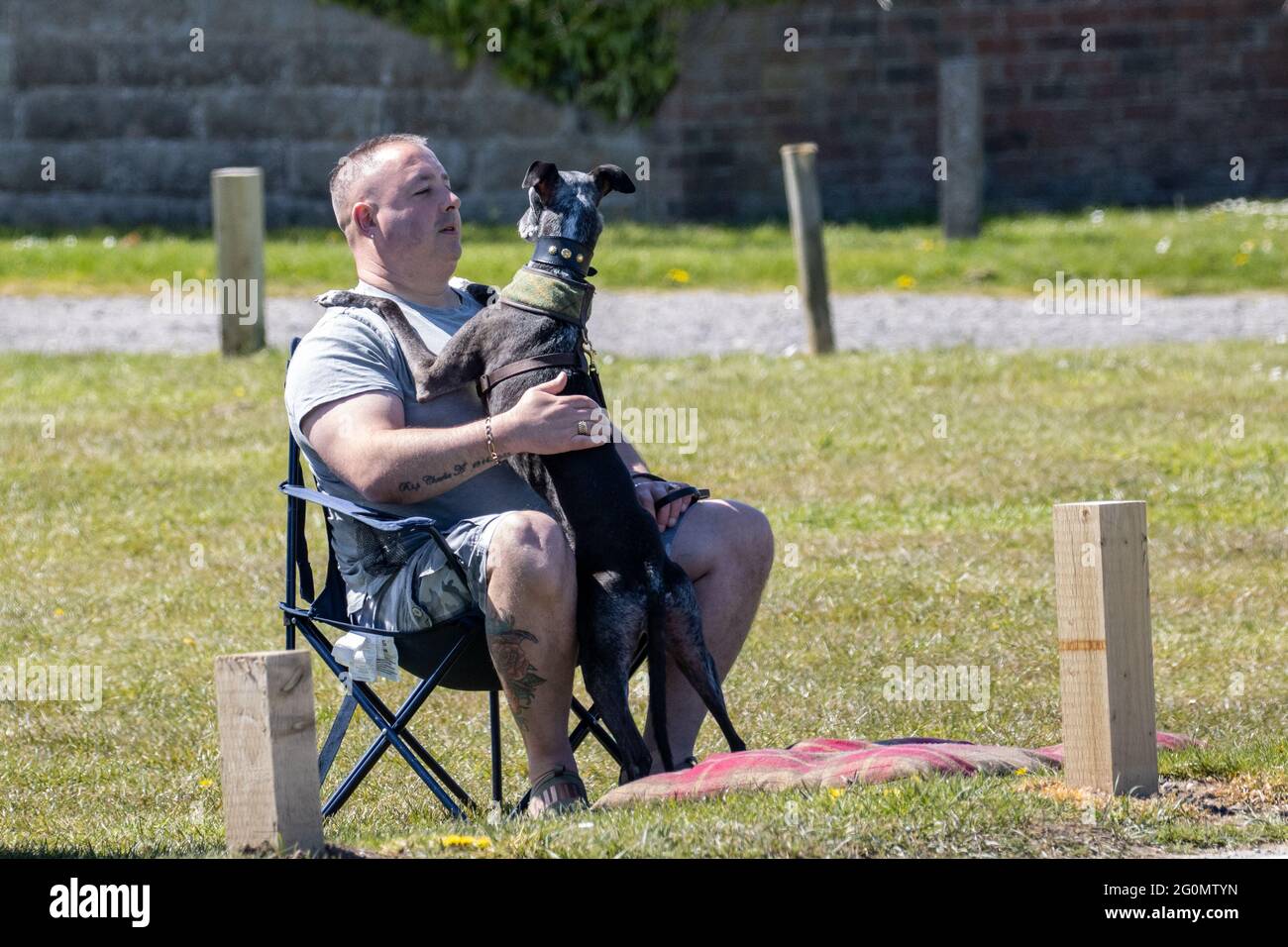 Giovane uomo con tatuaggi coccolando il suo cane al mare su una sedia fuori, Flamborough, UK Foto Stock