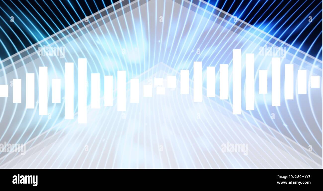 Composizione del misuratore del livello sonoro bianco su curve parallele, luci blu e levrons bianchi su nero Foto Stock