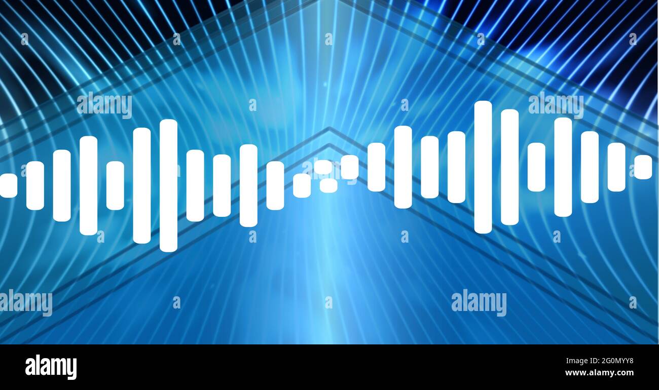 Composizione del misuratore del livello sonoro bianco su curve parallele, luci blu e scacchiera blu su nero Foto Stock