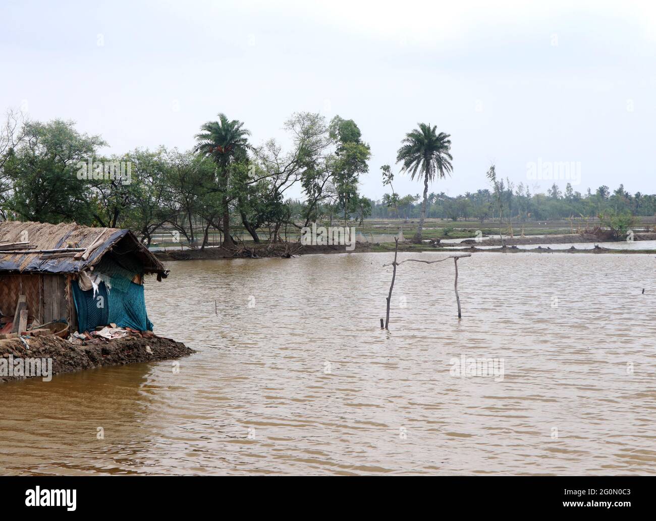 Dopo che il ciclone Yaas ha fatto la sua caduta a Orissa e regioni costiere adiacenti il 26 maggio 2021 diverse aree di Sunderban rimangono sommerse, costringendo la gente a huddle nei rifugi del ciclone o a trascorrere giorni sulle terrapieni. Una volta che l'acqua di mare entra nelle isole, non solo le unità abitative vengono distrutte, ma le colture vengono inondate e la terra non può essere coltivata a causa della salinità, anche i pesci negli stagni muoiono. Diversi fiumi che passano attraverso fluiscono sopra il livello di pericolo e con acqua che sgorga in molti villaggi in zone come Hingalganj, Gosaba e Namkhana, distretto di Patherpratima. Le fotografie in Foto Stock