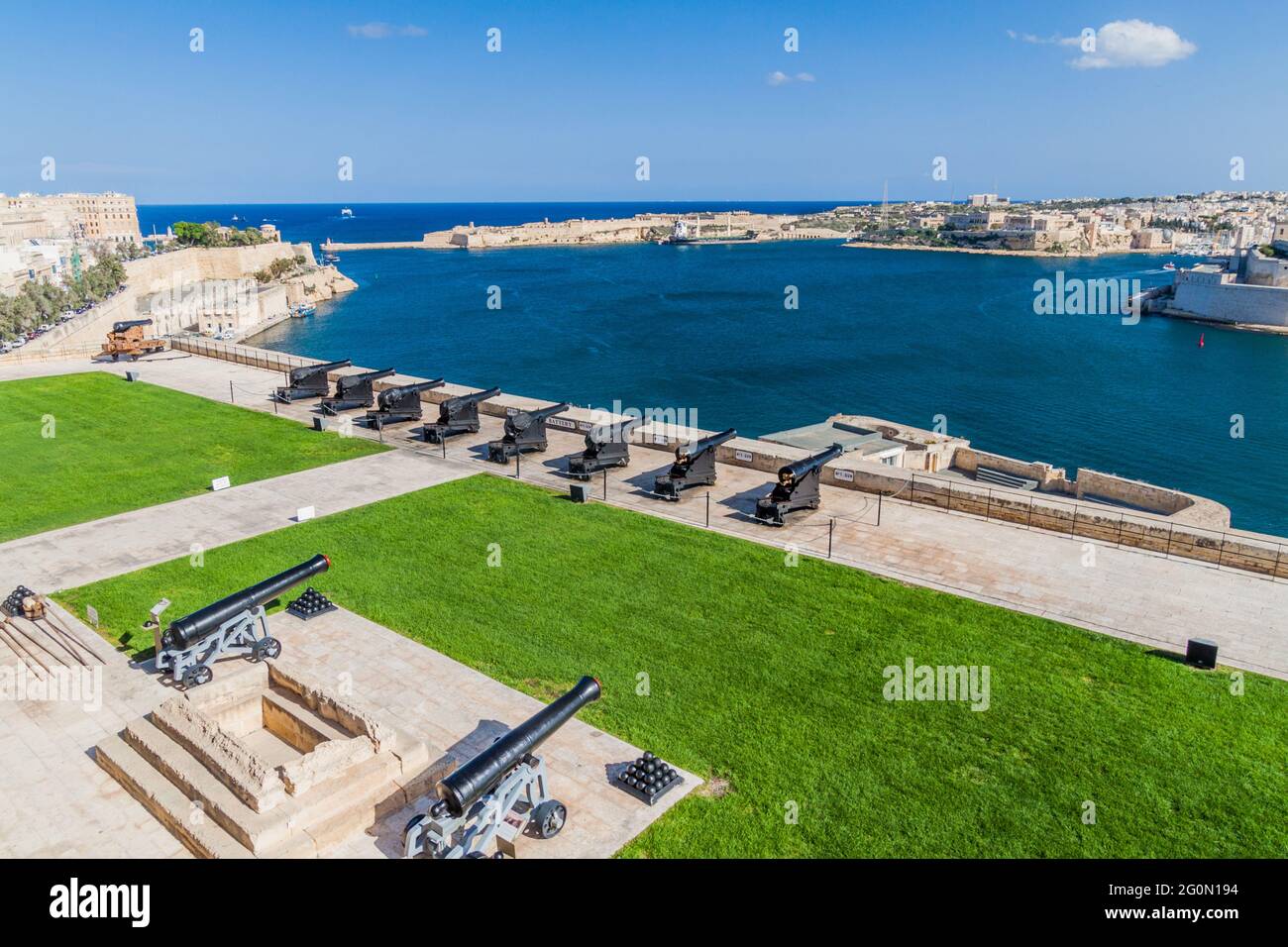 Saluting Battery a la Valletta e il Grand Harbour, Malta Foto Stock