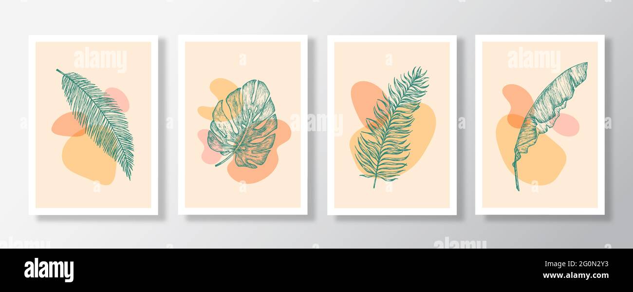 Astratto vettore Botanico sfondo decorativo Wall Art Set. Poster delle foglie di palma disegnate a mano con illustrazioni di forme geometriche Collezione Illustrazione Vettoriale