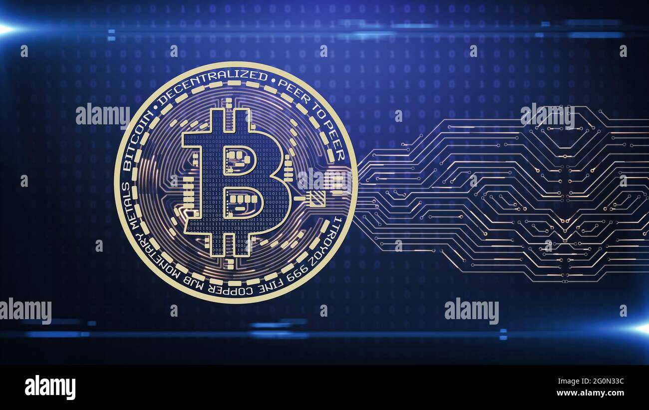 Blockchain criptovalente Bitcoin su sfondo blu binario. Denaro digitale astratto cyberspazio digitale. Foto Stock