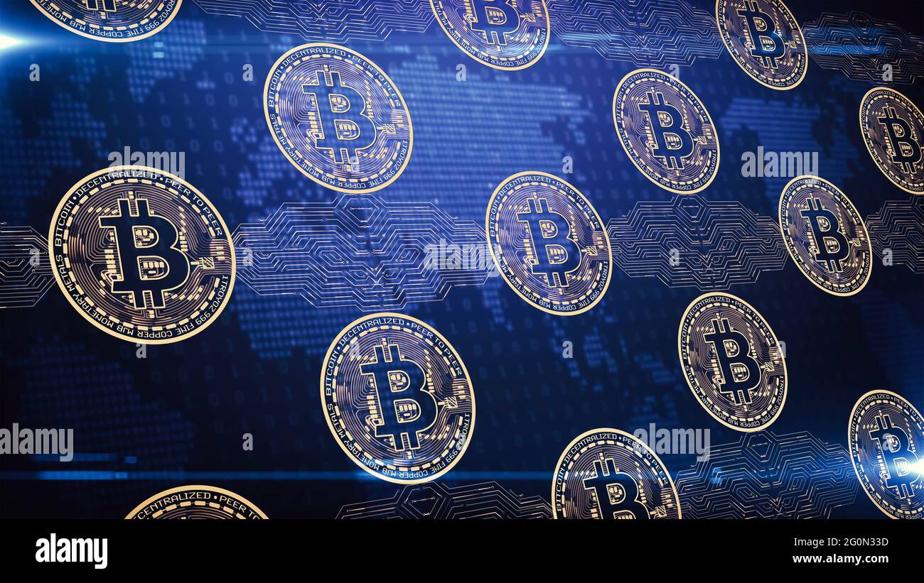 Blockchain criptovalente Bitcoin su sfondo blu binario. Denaro digitale astratto cyberspazio digitale. Foto Stock