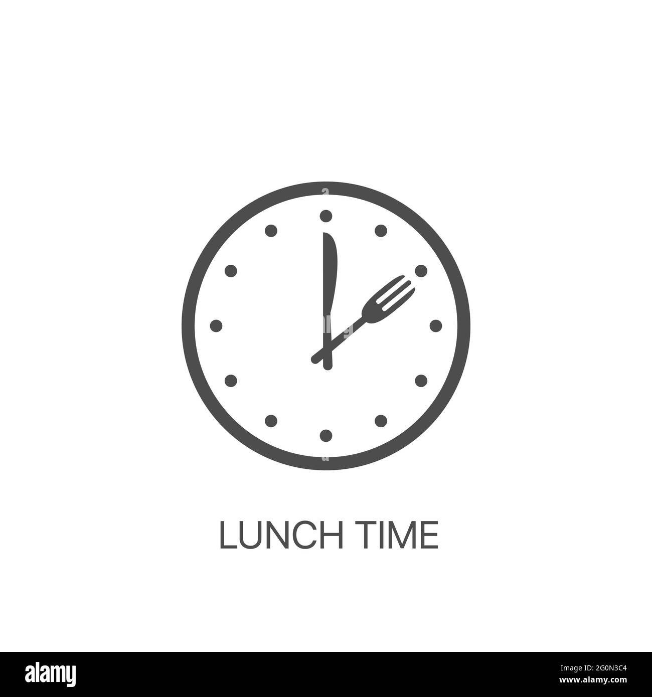 App simbolo orologio da parete con posate: Coltello e forchetta. L'ora del cibo sull'icona dell'orologio è isolata in bianco Illustrazione Vettoriale