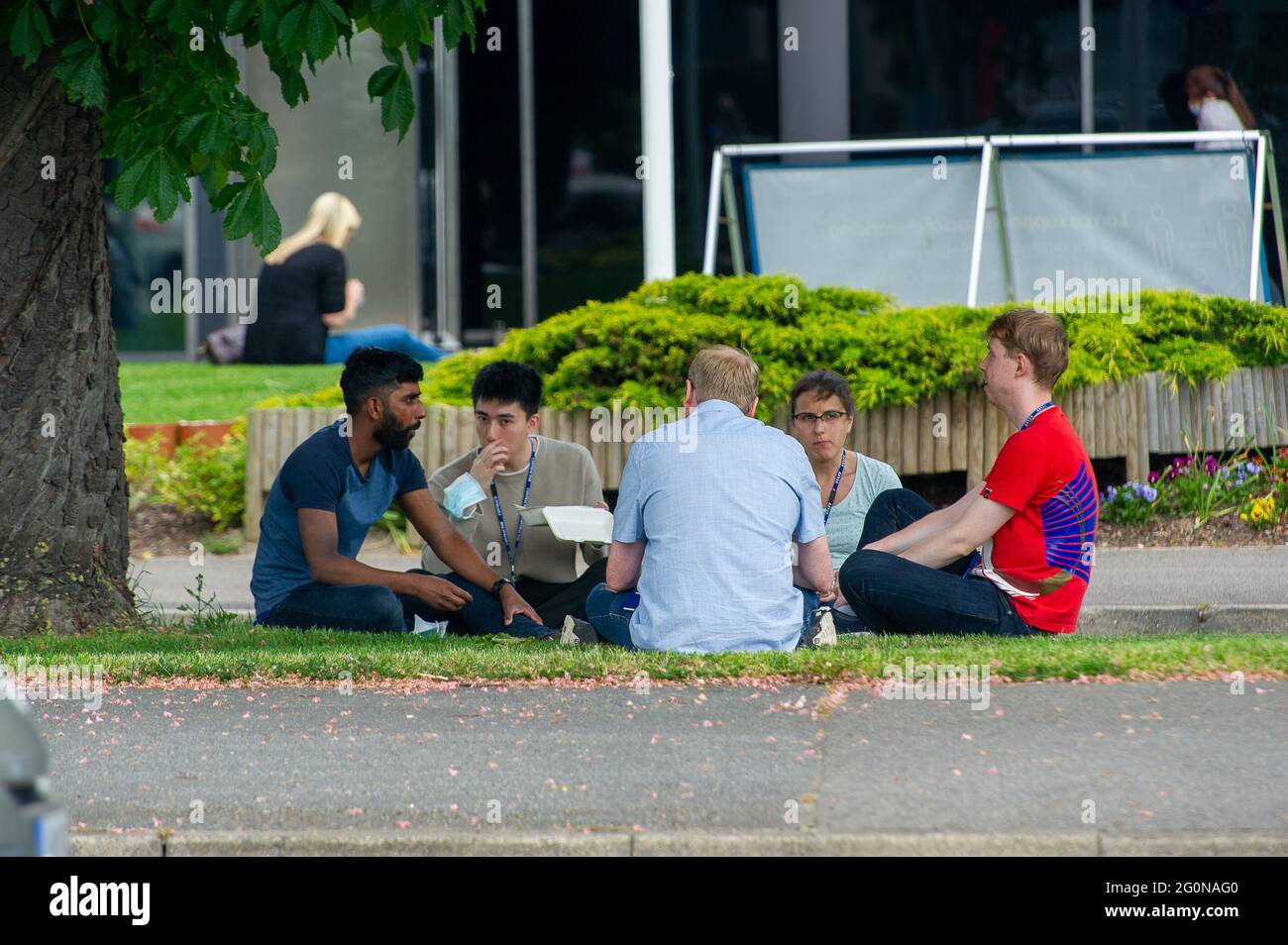 Slough, Berkshire, Regno Unito. 2 Giugno 2021. Gli impiegati si siedono sull'erba fuori dei loro uffici per rinfrescarsi durante la loro ora di pranzo poichè le temperature in Slough hanno raggiunto oggi 27 gradi. Credito: Maureen McLean/Alamy Foto Stock