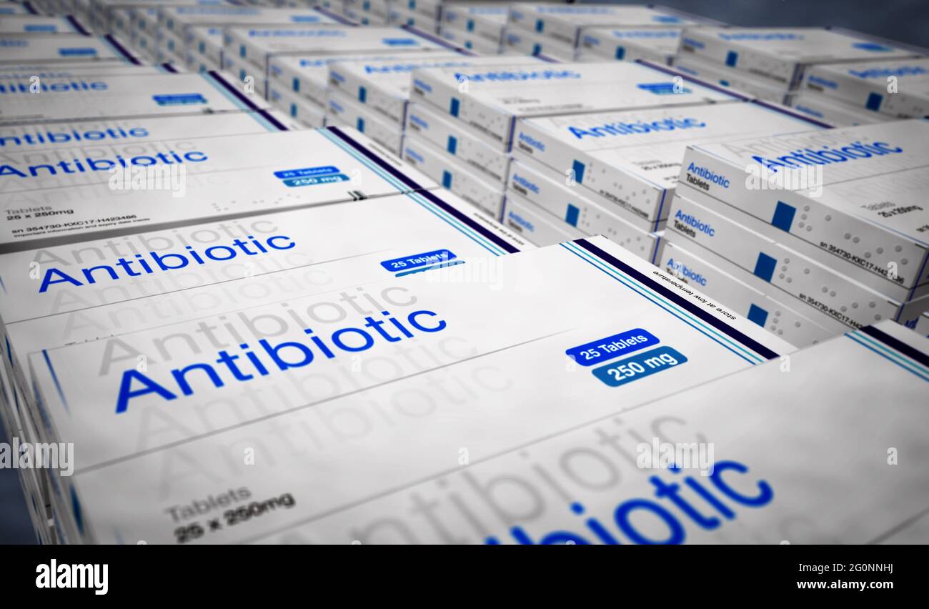 Linea di produzione di confezioni di antibiotici. Fabbrica di farmaci per terapia medica. Illustrazione del rendering 3d del concetto astratto. Foto Stock