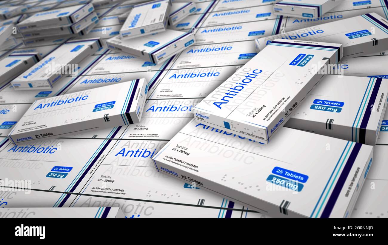 Linea di produzione di confezioni di antibiotici. Fabbrica di farmaci per terapia medica. Illustrazione del rendering 3d del concetto astratto. Foto Stock
