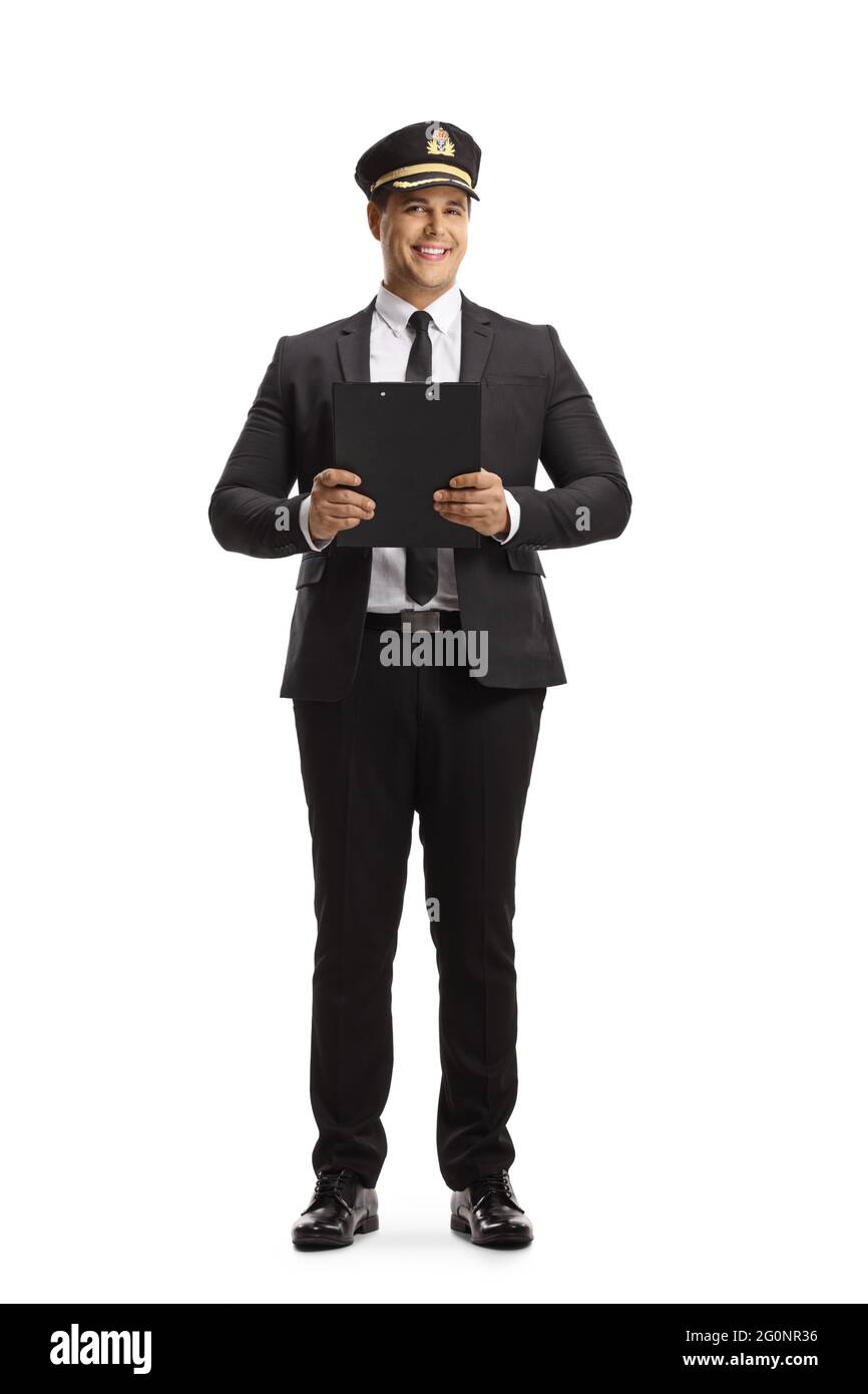 Ritratto a lunghezza intera di un portiere che tiene una clipboard isolata su sfondo bianco Foto Stock